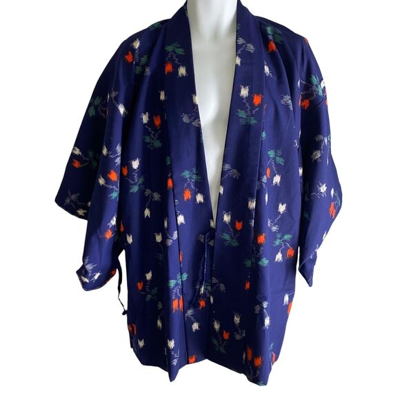 Vtg AI Kimono Jacket Womens Medium Navy Blue Red Floral Print Yukata Robe Japan - Picture 3 of 9